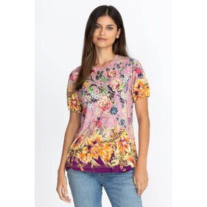 Johnny Was Topiary Puff Sleeve Floral Shirt Top Flower Pink Violet Knit Tee NEW